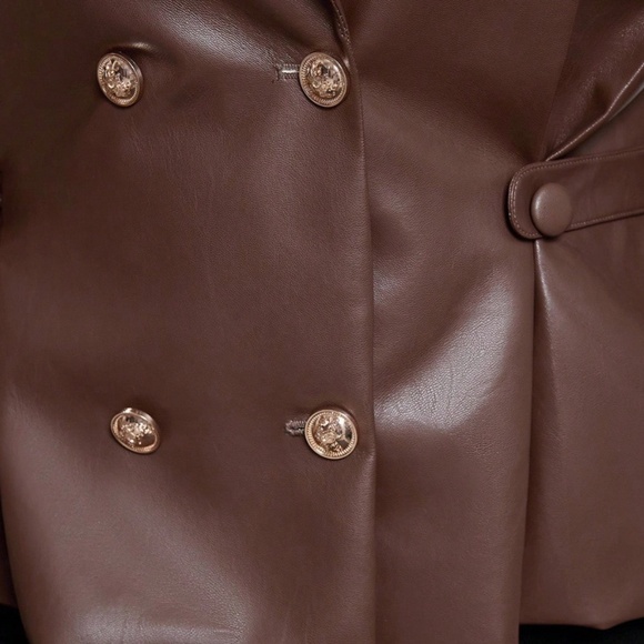 Plus Brown Vegan Leather Double Button Flared Jacket - Picture 4 of 6
